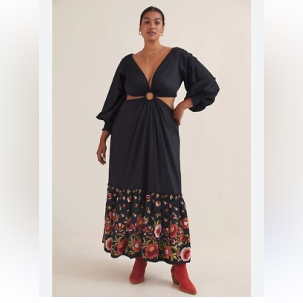 Anthropologie Black Maxi Dress with Floral Hem Panel
